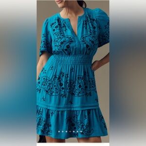 Anthropologie Somerset Blue Dress with Black Embroidery